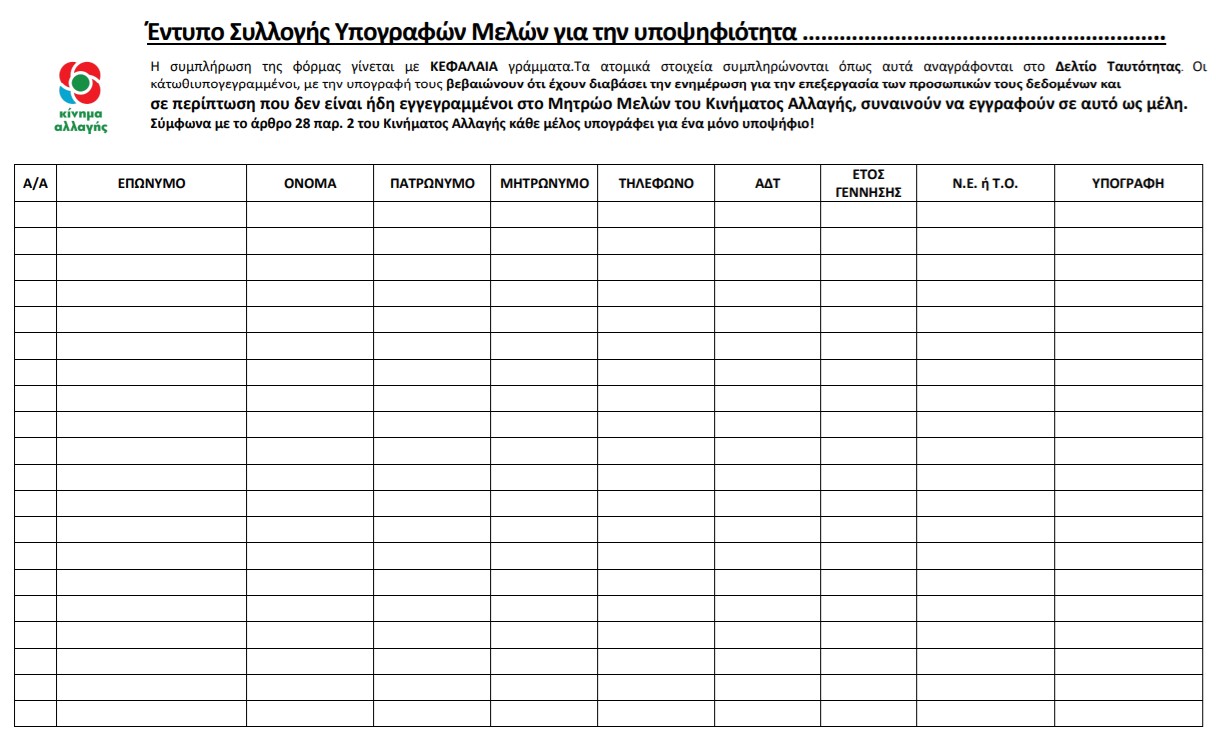 Το έντυπο για τη συλλογή υπογραφών των υποψηφίων στο ΚΙΝΑΛ
