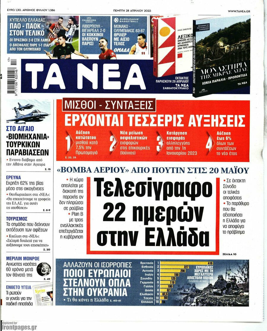 Δείτε τα πρωτοσέλιδα των πολιτικών, οικονομικών και αθλητικών εφημερίδων.