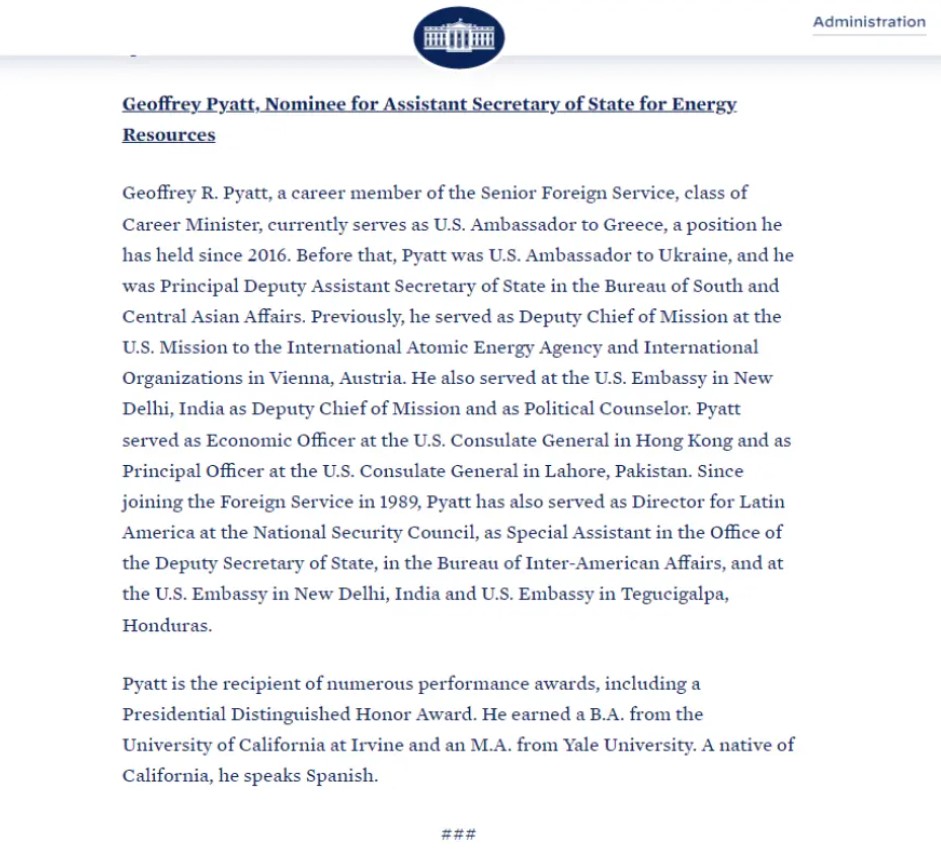 ΗΠΑ: Ο Μπάιντεν πρότεινε τον Πάιατ για τη θέση του υφυπουργού Εξωτερικών για θέματα ενέργειας