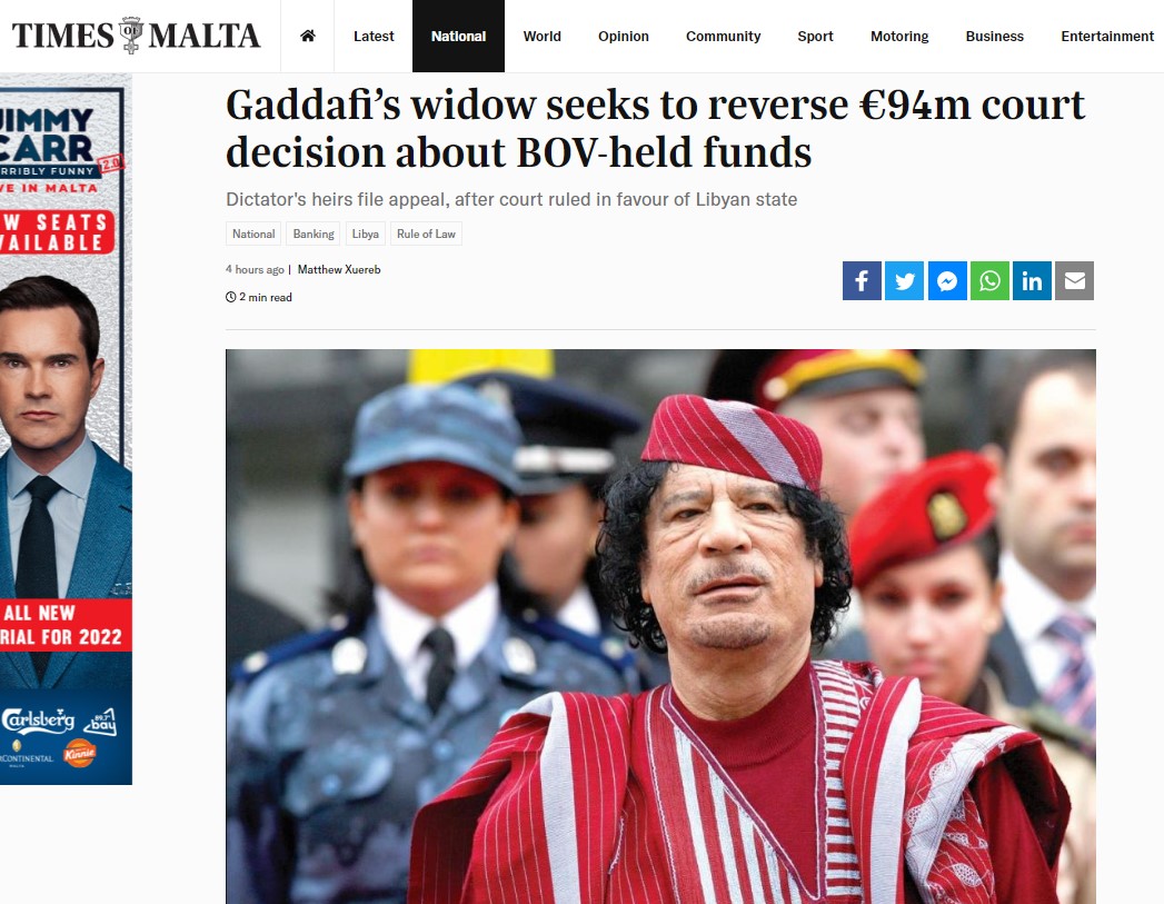 Έφεση στα δικαστήρια της Μάλτας από τον Έλληνα δικηγόρο Χάρη Οικονομόπουλο για τα 94 εκατομμύρια της οικογένειας Καντάφι
