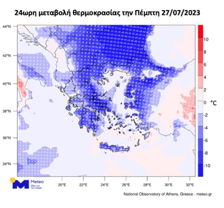 Μεγάλη πτώση αναμένεται να παρουσιάσει η θερμοκρασία την Πέμπτη, σύμφωνα με το Εθνικό Αστεροσκοπείο Αθηνών.  Από σήμερα το βράδυ η πτώση της θερμοκρασίας έχει ξεκινήσει από τα βορειοδυτικά και οι μέγιστες τιμές θερμοκρασίας προβλέπεται να υποχωρήσουν την Πέμπτη έως και 14 βαθμούς Κελσίου σε σχέση με τις αντίστοιχες σημερινές τιμές.  Σύμφωνα με το meteo.gr, η θερμοκρασία θα επανέλθει κοντά στον μέσο κλιματικό όρο, δηλαδή τη μέση τιμή της περιόδου 1991-2020.