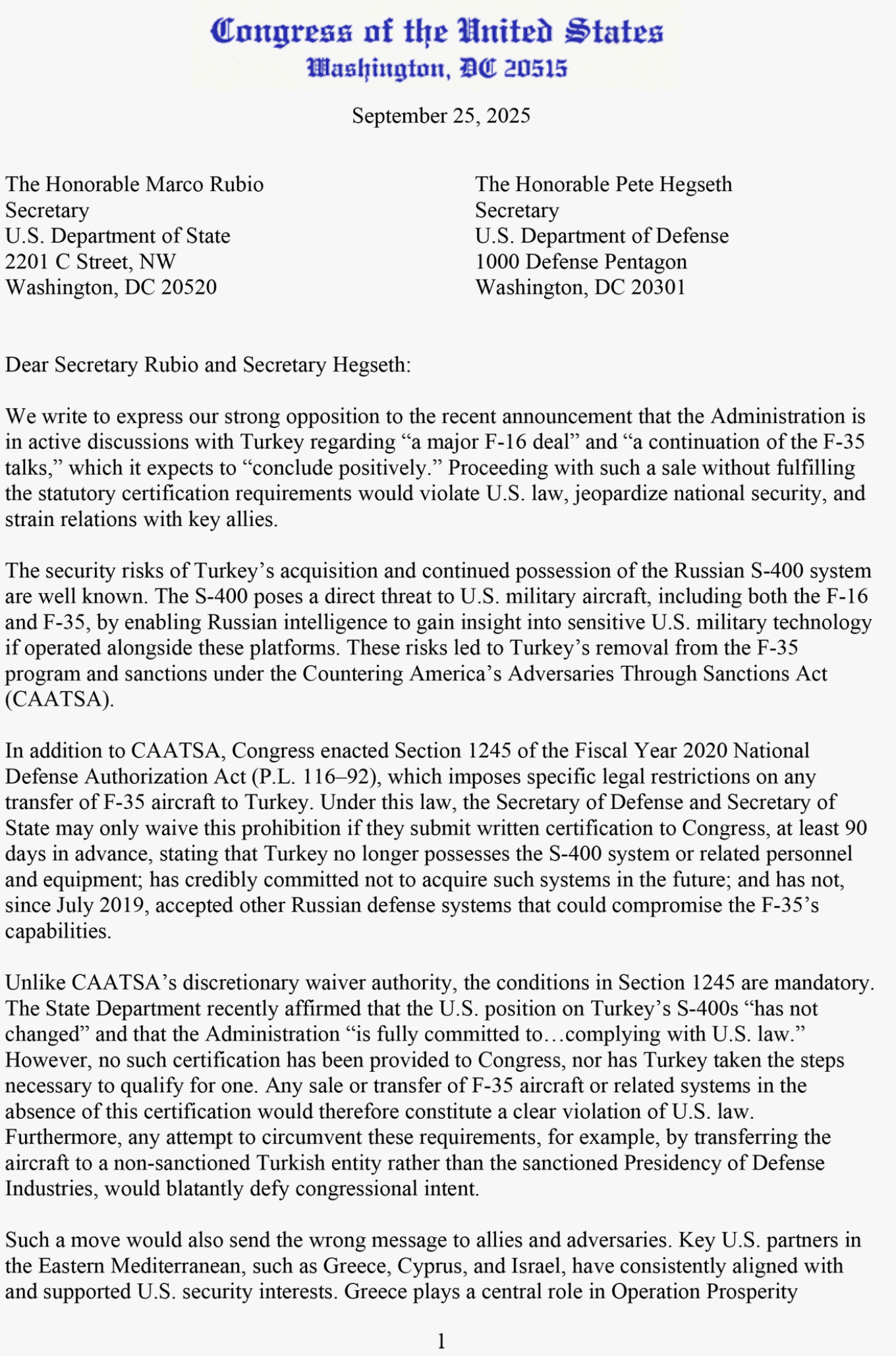 Επιστολή 20 Αμερικανών βουλευτών: Μην πουλήσετε F-16 και F-35 στον Ερντογάν