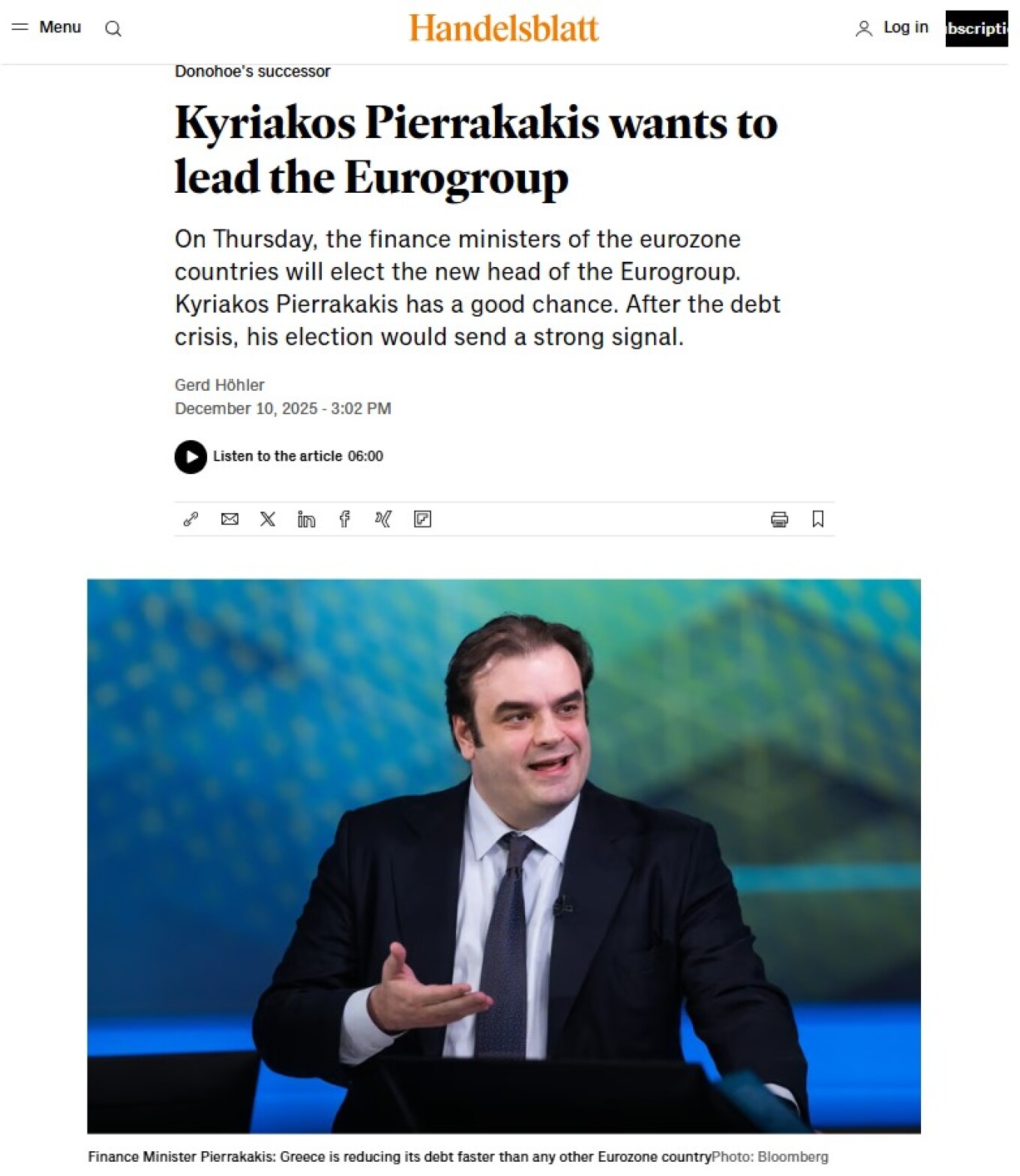 Handelsblatt: «Καλές πιθανότητες να ηγηθεί του Eurogroup ο Κυριάκος Πιερρακάκης»