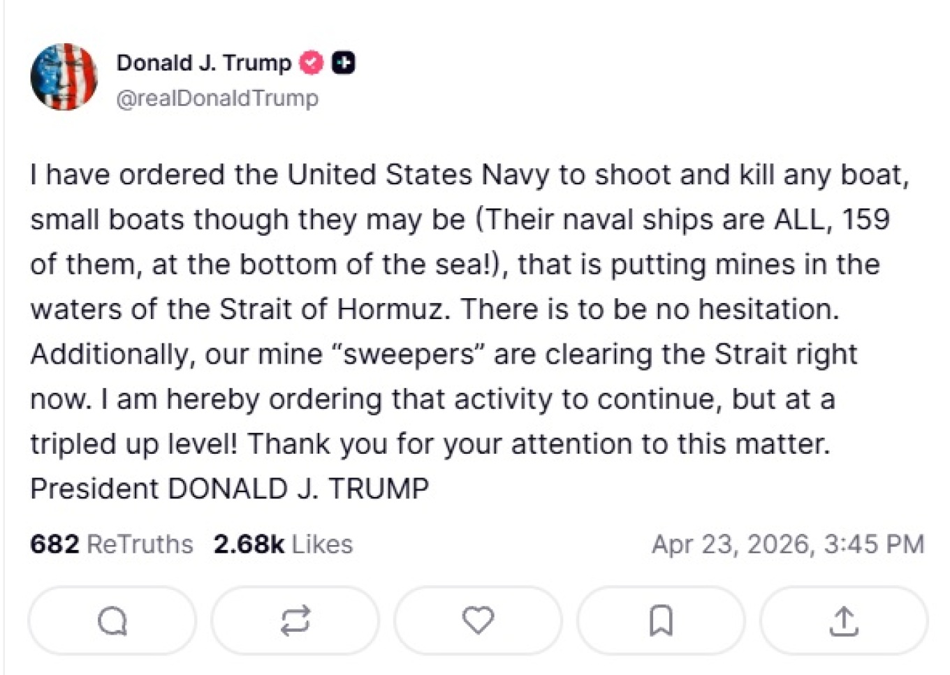 Τραμπ: Διέταξα το Ναυτικό να καταστρέψει κάθε σκάφος που βάζει νάρκες στα Στενά του Ορμούζ