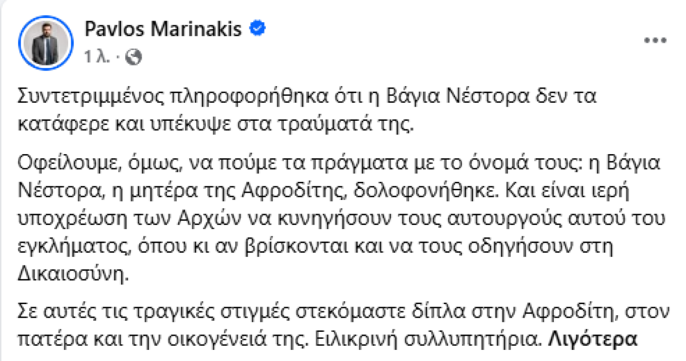 Παύλος Μαρινάκης: Η Βάγια Νέστορα δολοφονήθηκε