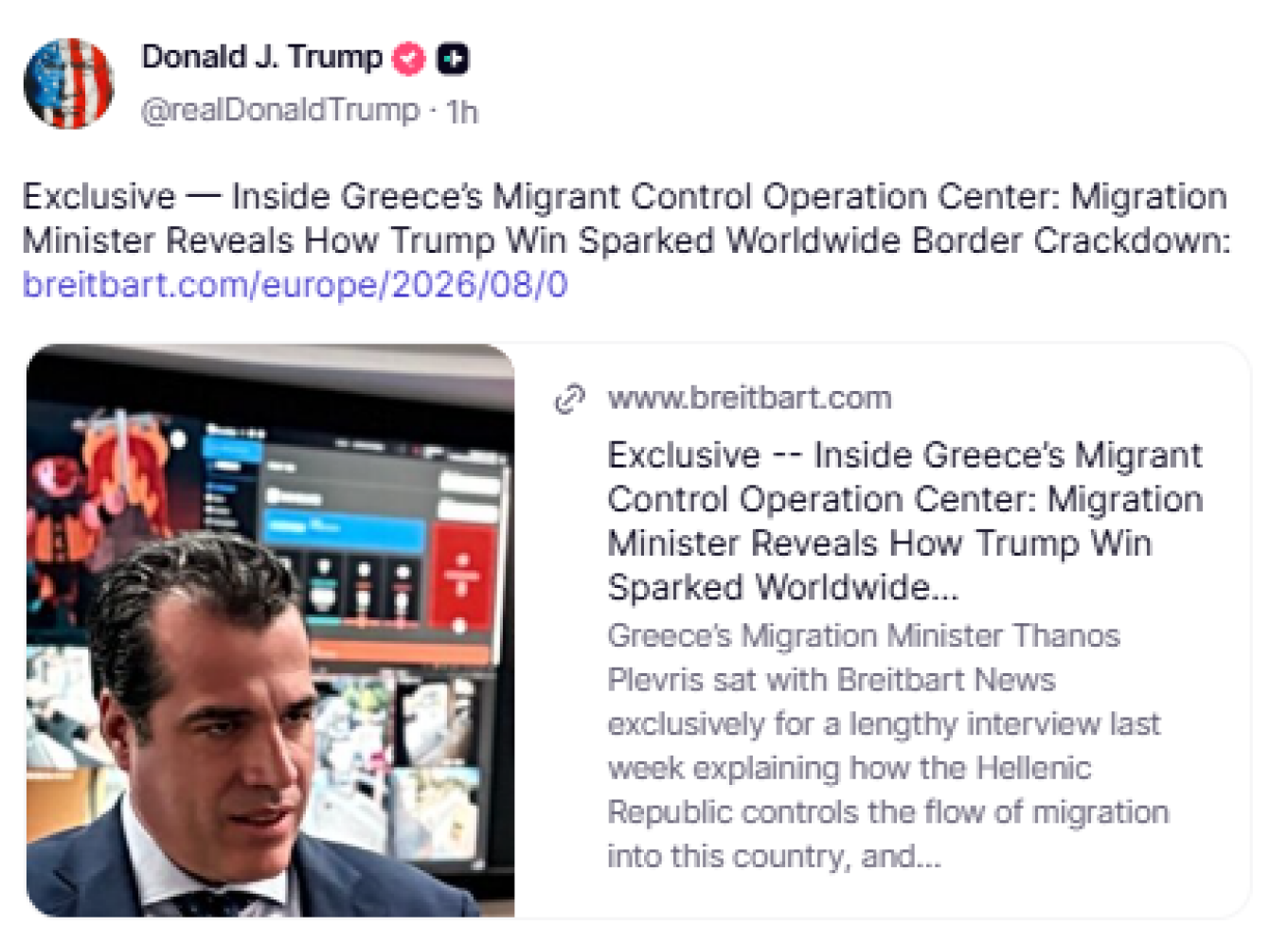 Η ανάρτηση του Τραμπ με τη συνέντευξη του Πλεύρη